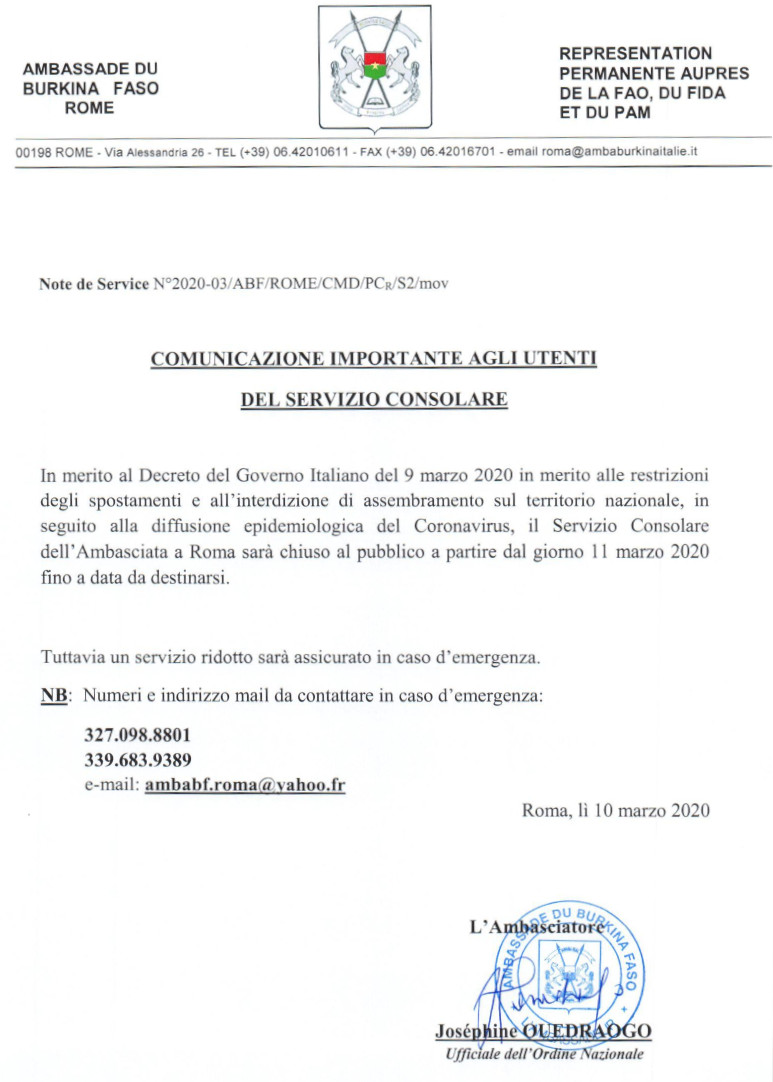 Nota di servizio coronavirus