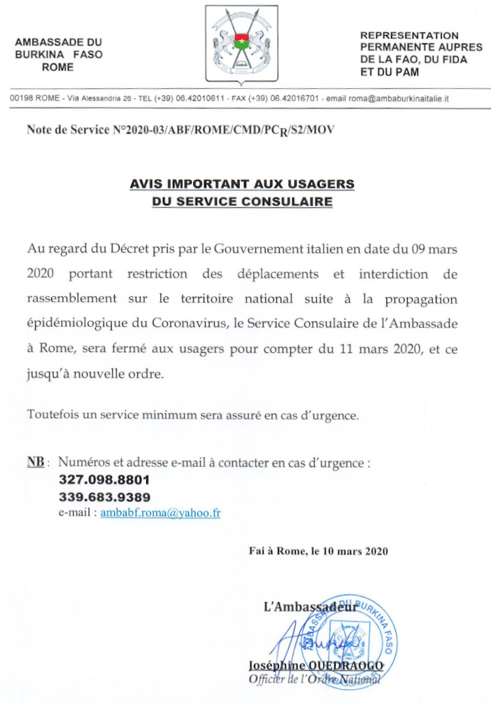 Note de service coronavirus